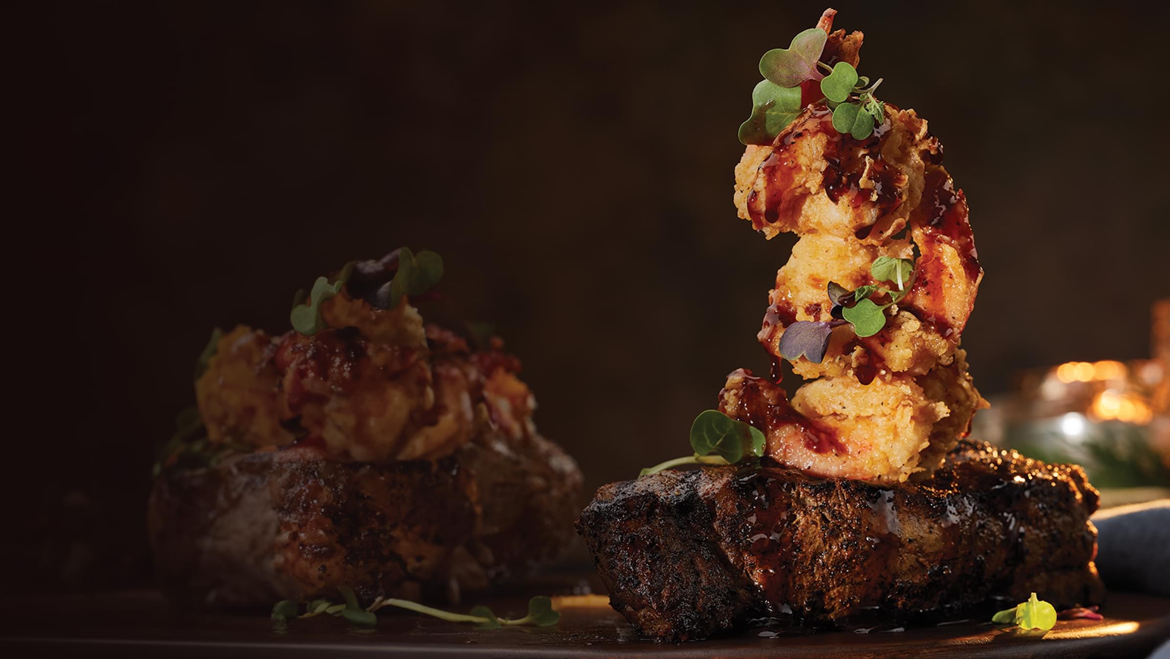 Steak with crispy fried shrimp
